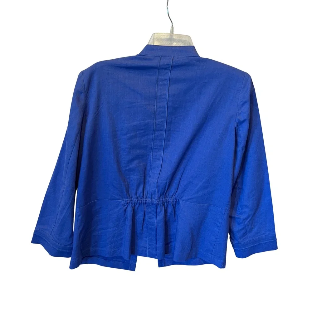 Chicos Periwinkle Blue Linen Blend Open Front Pleated Jacket Size 1 Medium